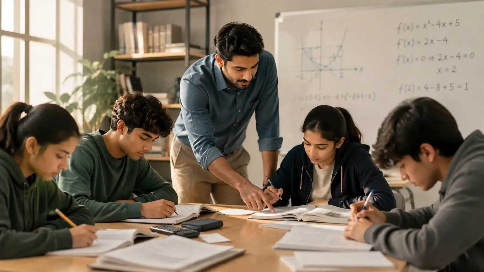 Test prep instructor guiding focused students through math exercises during a small-group coaching session.