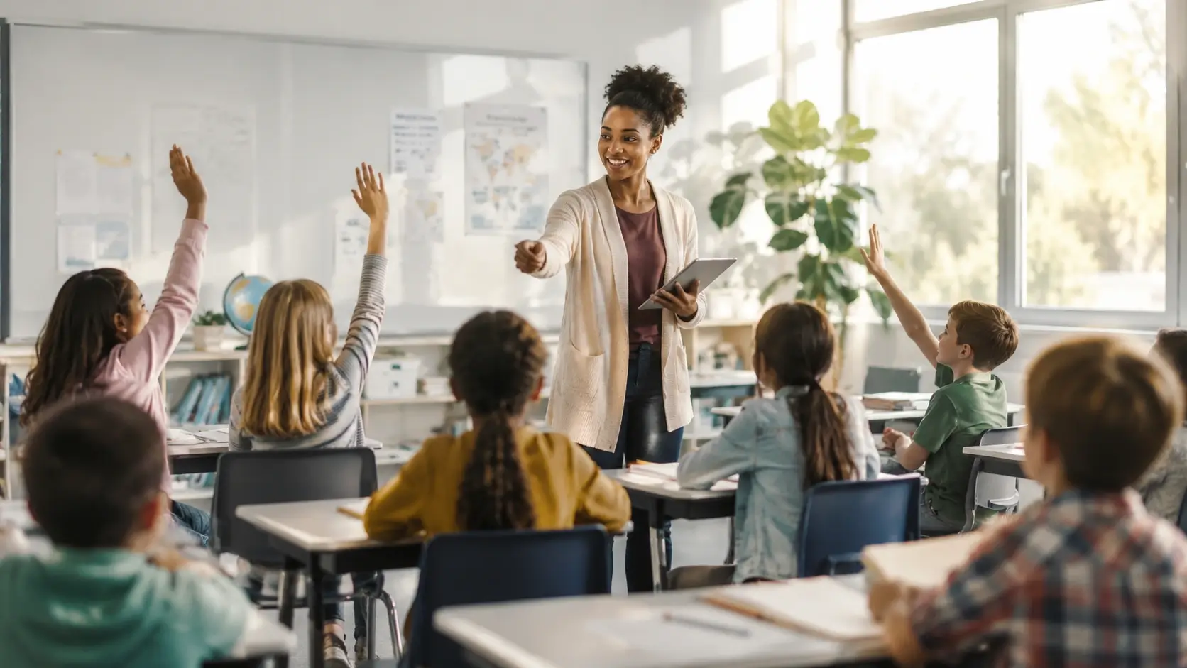 Teacher leading an engaging K-12 classroom lesson with diverse students raising their hands in a bright modern school.