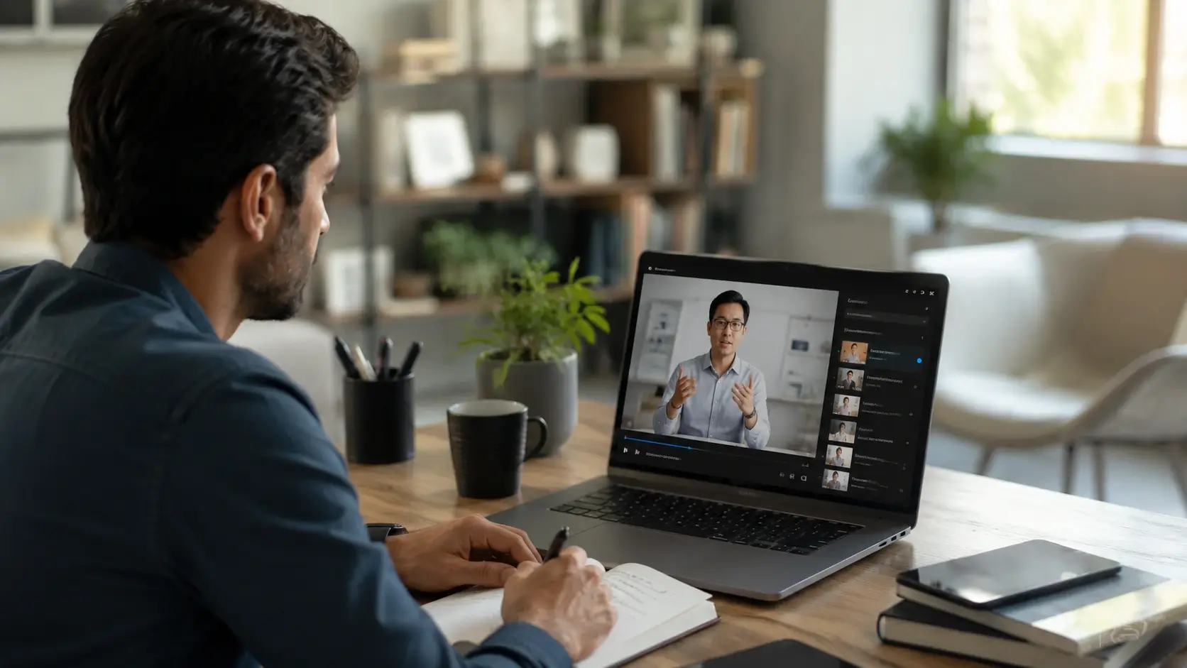 Adult learner taking notes while watching an instructor-led online course on a laptop at a home workspace.