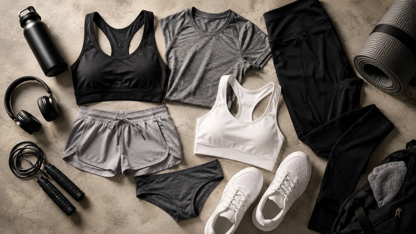 Flat lay of modern activewear essentials including sports bras, leggings, shorts, T-shirt, sneakers, headphones, jump rope, and yoga mat.