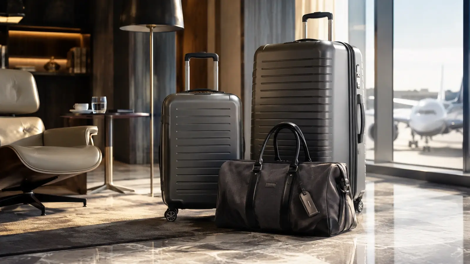 Luxury luggage and travel bag set in an upscale airport lounge with large windows and a premium travel setting.