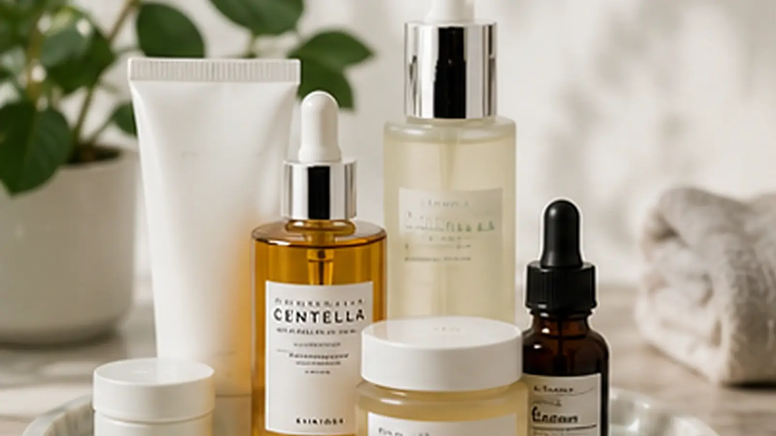 Realistic beauty and skincare hero image featuring premium serums, creams, cleansers, and facial care products arranged in a bright modern vanity setting.