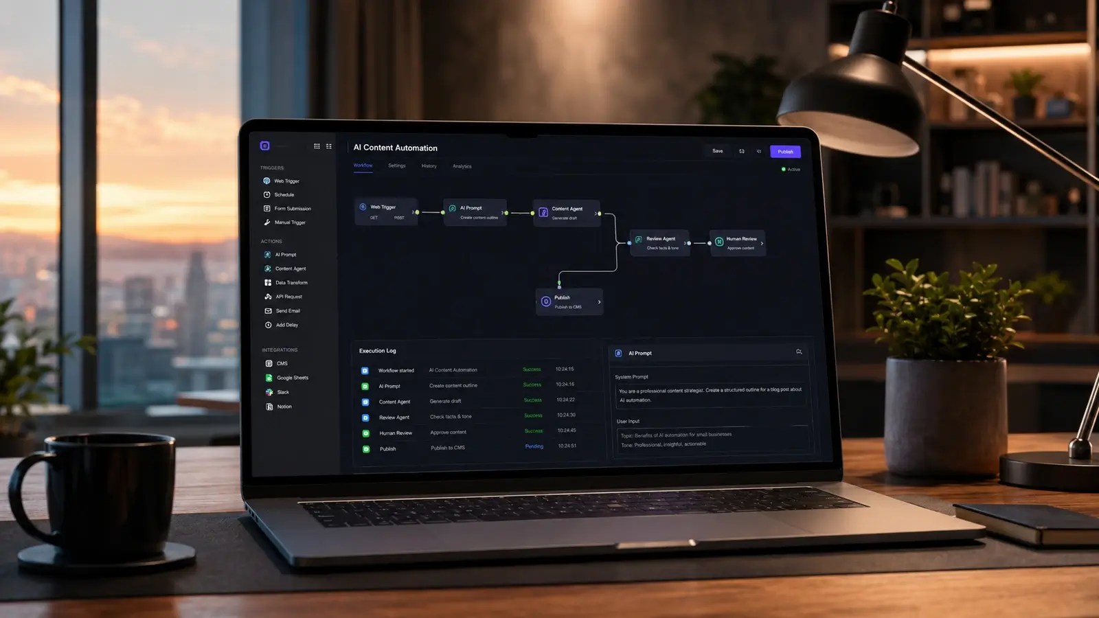 Realistic hero image for AI Prompts & Agents showing a laptop with a dark AI workflow dashboard, connected prompt nodes, automation tools, and a premium evening workspace scene.