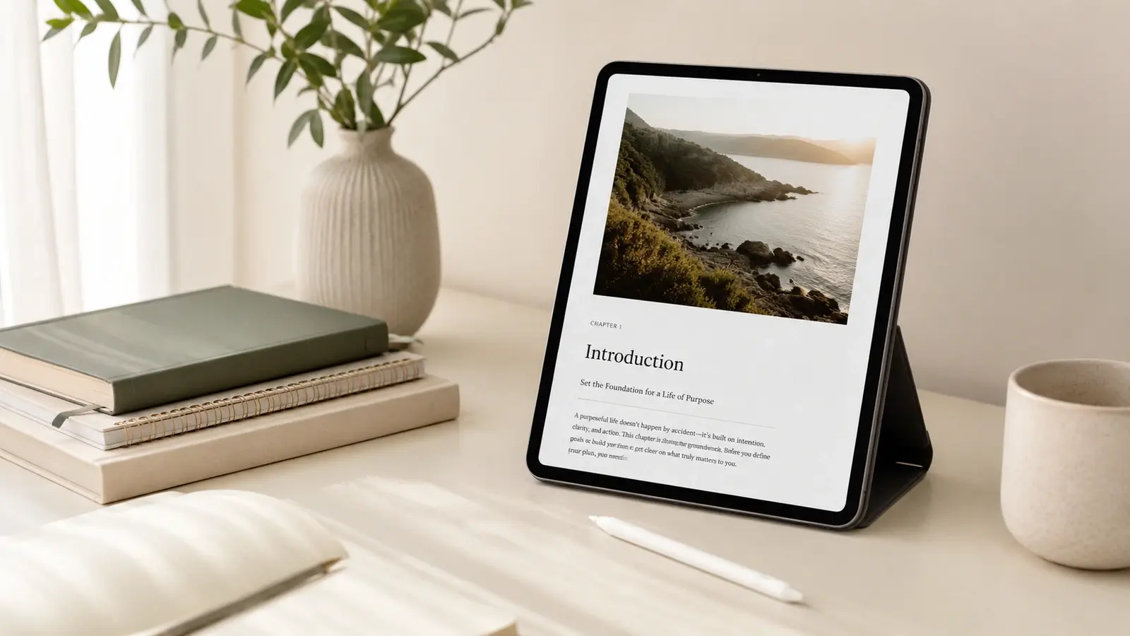 Realistic hero image for eBooks & Digital Guides showing a tablet displaying a digital reading page on a calm minimalist desk with books, a stylus, a vase, and a coffee mug.