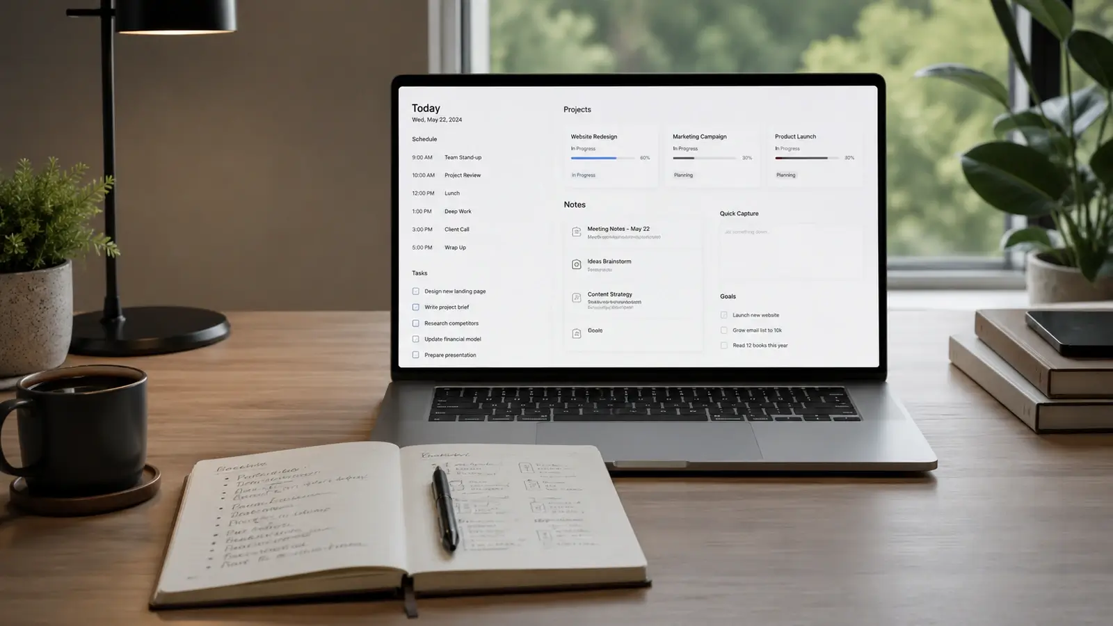 Realistic hero image for Notion Templates & Productivity showing a minimalist laptop dashboard with schedule, tasks, projects, notes, and goals on a neat desk with a notebook and coffee mug.