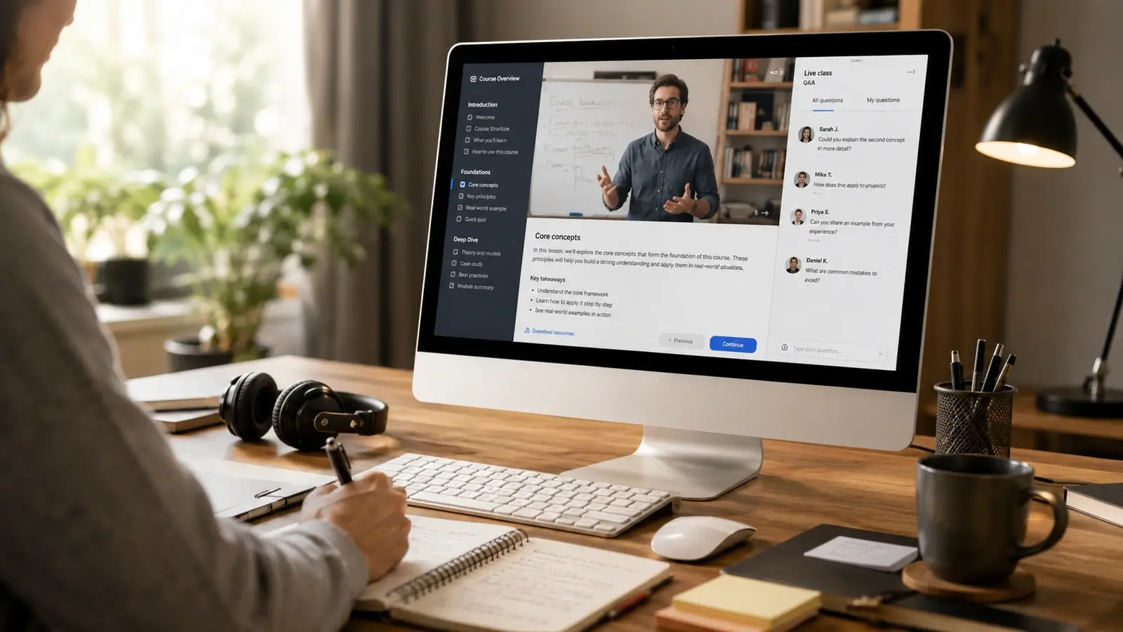 Realistic hero image for Online Courses & Education showing a modern online learning setup with an instructor on screen, a student taking notes, headphones, and a warm home office desk.