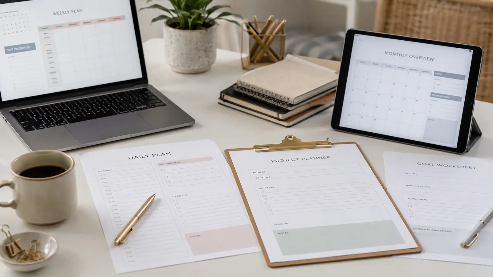 Realistic hero image for Printables & Templates showing printed planner sheets, a laptop, a tablet, a clipboard, and stationery arranged neatly on a bright organized workspace desk.