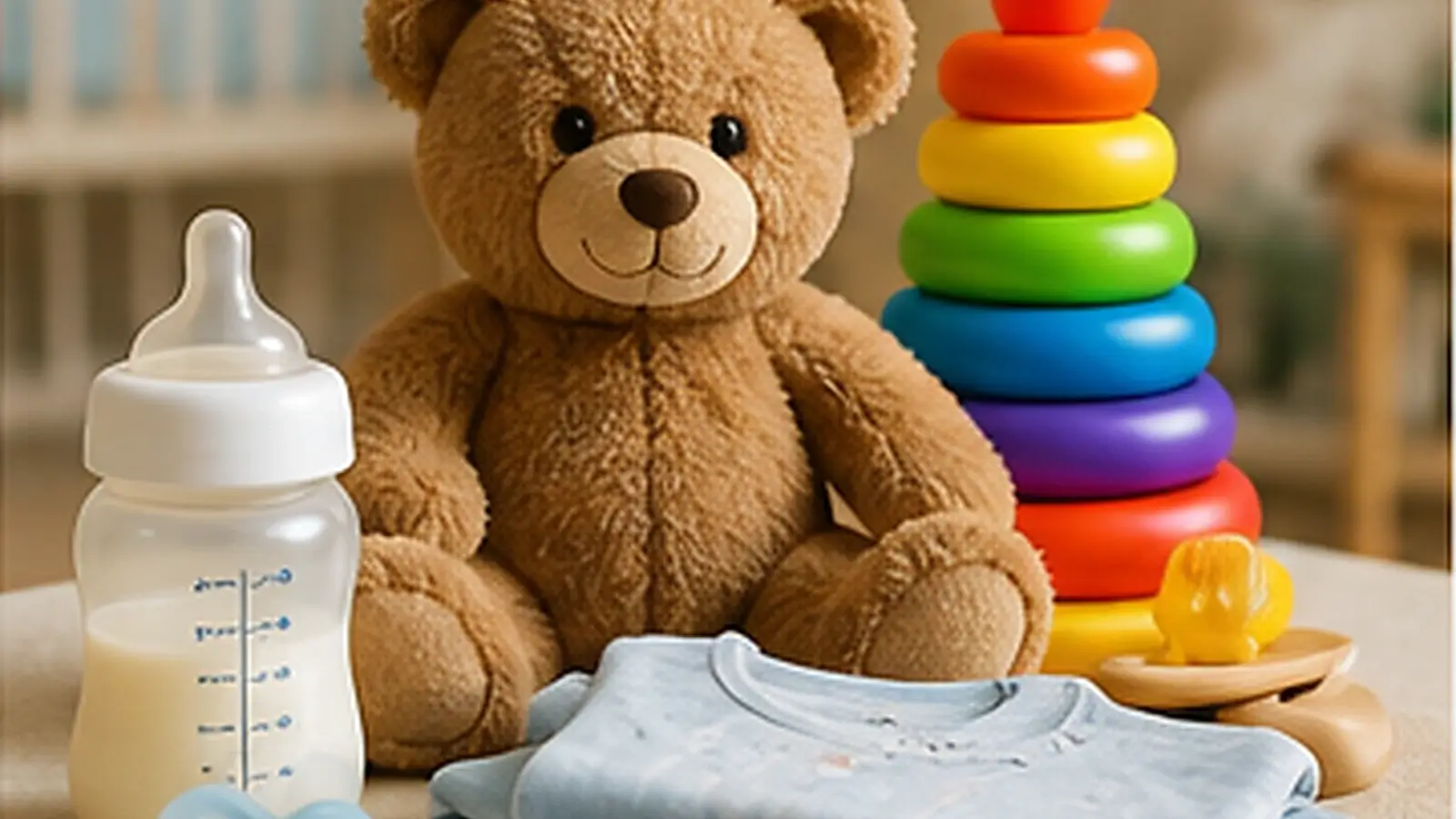 Realistic baby and kids products hero image featuring infant essentials, soft toys, feeding accessories, and colorful developmental toys in a warm nursery setting.