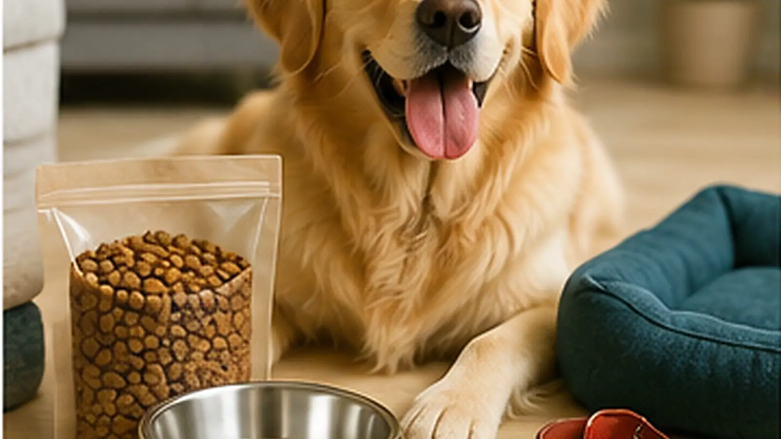 Realistic pet supplies and pet care hero image featuring a happy dog with food, bowls, a bed, toys, and everyday pet accessories in a bright home interior.