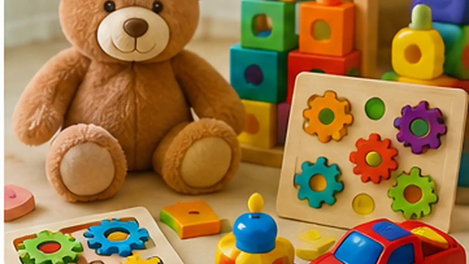 Realistic toys and games hero image featuring colorful building blocks, puzzles, a teddy bear, and educational play items arranged in a family-friendly room.