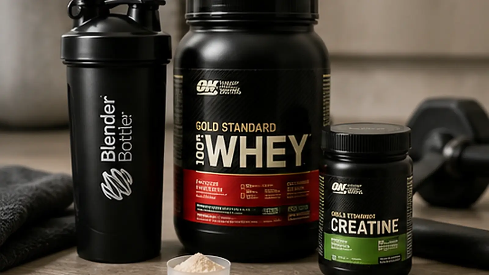 Realistic fitness and nutrition products hero image featuring protein powder, creatine, a shaker bottle, and gym equipment in a modern workout environment.