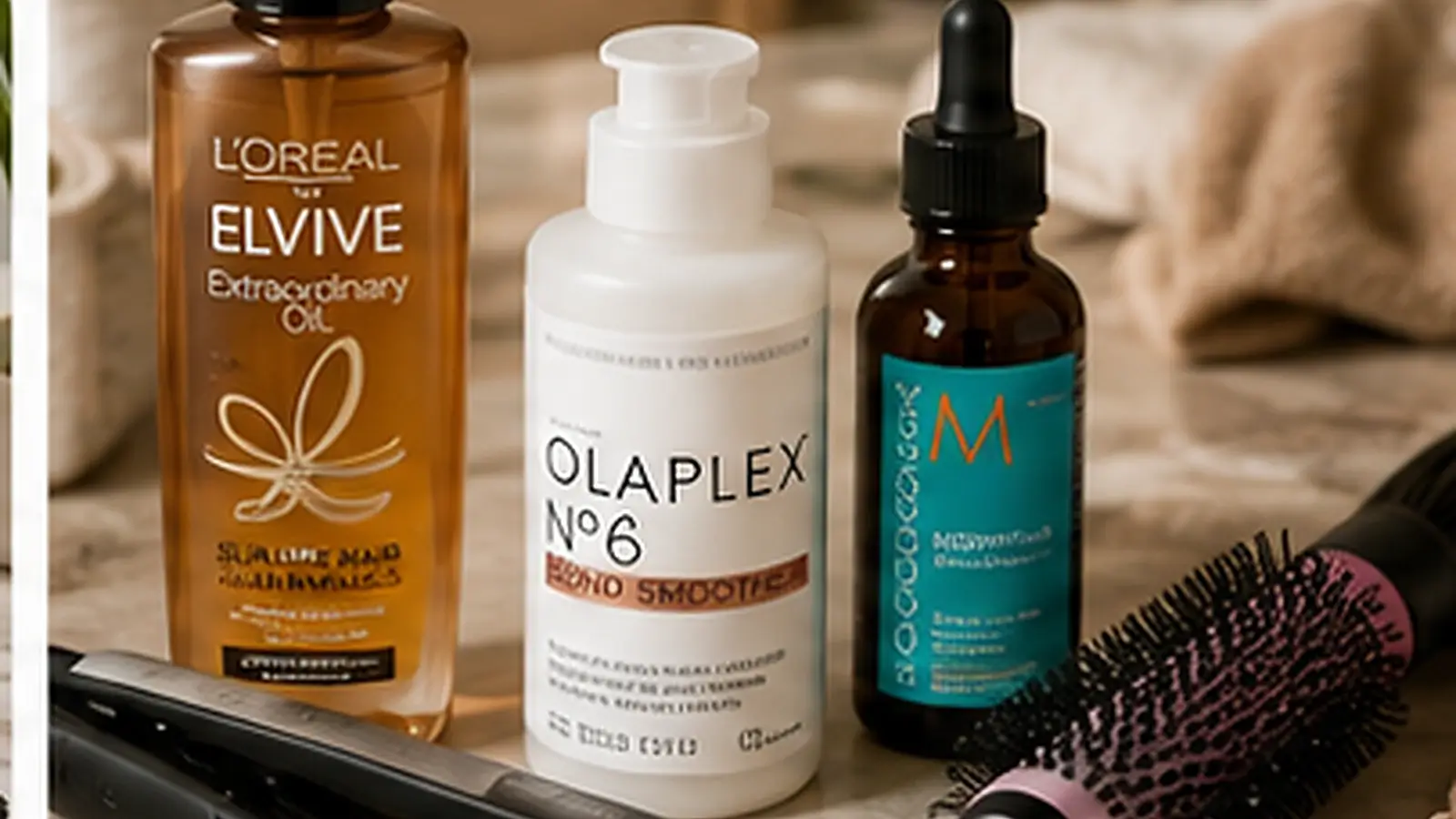 Realistic hair care and styling hero image featuring shampoo, treatment oil, smoothing products, styling tools, a brush, and hair accessories in a modern bathroom.