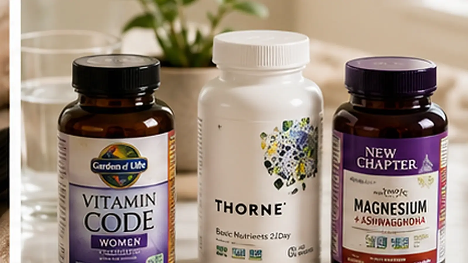 Realistic health supplements and vitamins hero image showing vitamin and mineral bottles with capsules arranged on a clean wellness countertop.