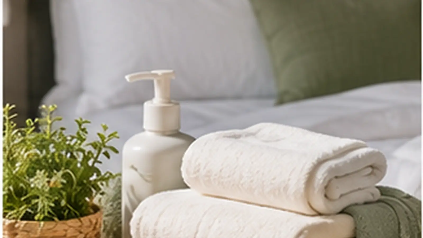 Realistic bedding and bath hero image showing soft pillows, folded towels, bath accessories, and a clean calming bedroom setting.