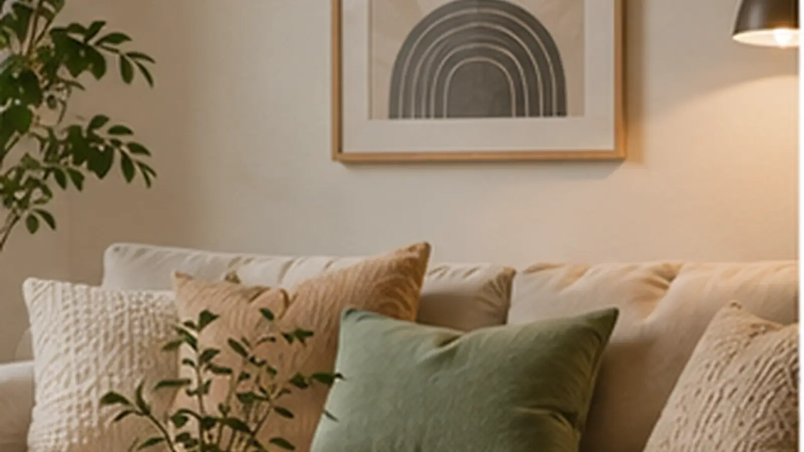 Realistic home decor and interior hero image showing a warm modern living room with a neutral sofa, textured cushions, wall art, plants, and natural daylight.
