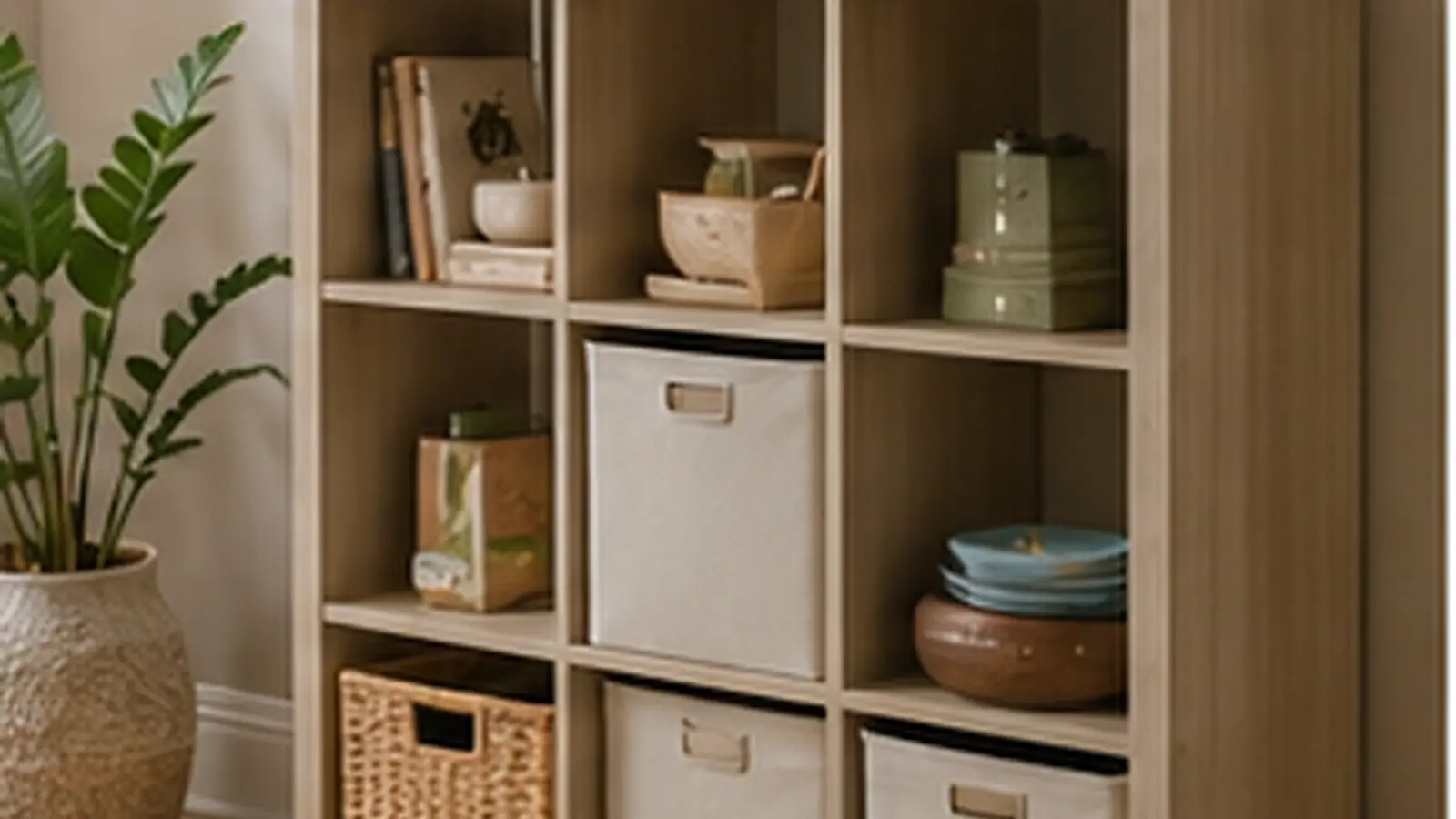Realistic furniture and storage hero image featuring a modern wooden organizer with shelves, baskets, decor, and neatly arranged household items.