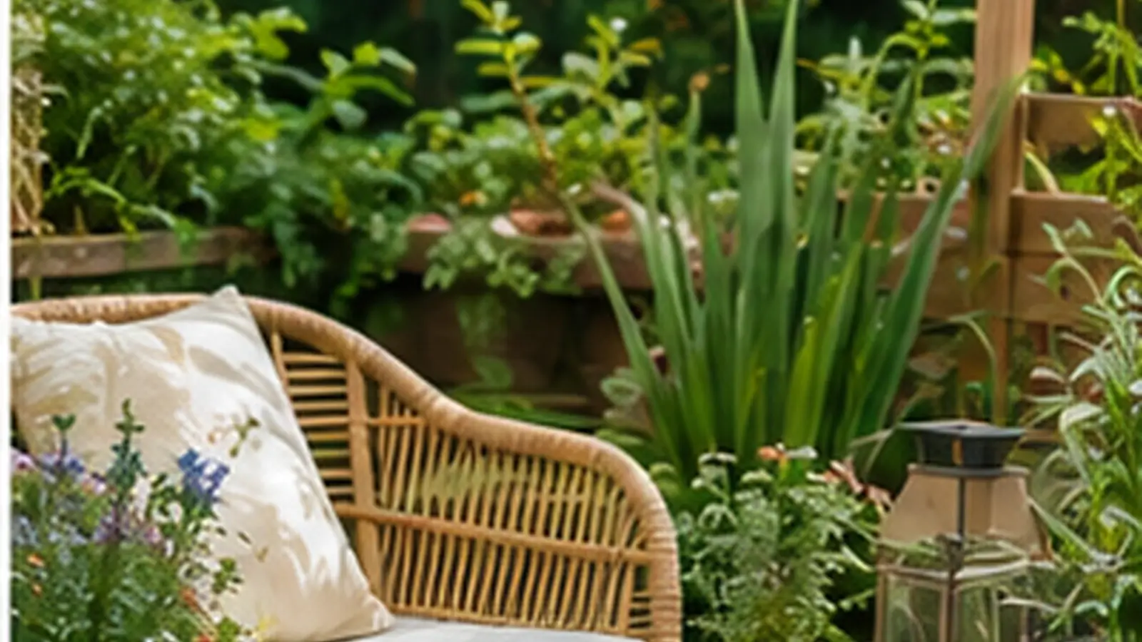 Realistic garden and outdoor hero image showing a cozy patio seating area surrounded by lush plants, flowers, and natural daylight.