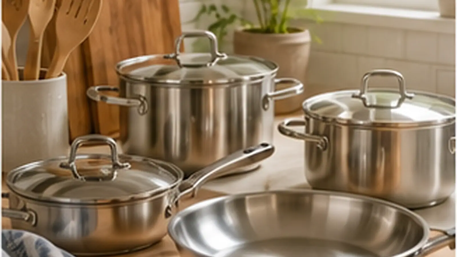 Realistic kitchen and cookware hero image featuring stainless steel pots, pans, utensils, cutting boards, and a bright organized kitchen workspace.