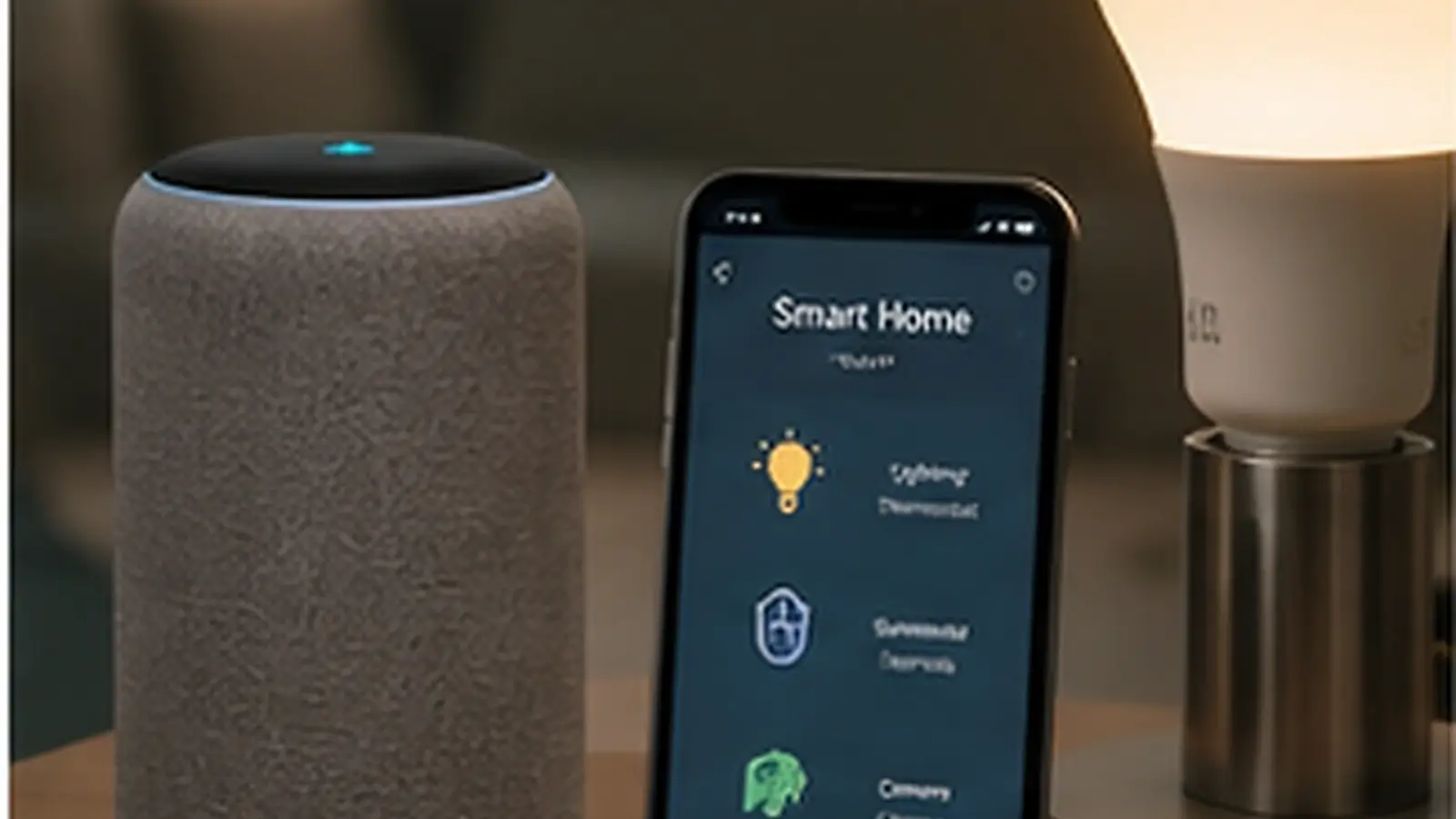 Realistic lighting and smart home hero image featuring a smart lamp, voice assistant, and mobile phone controls in a modern home environment.