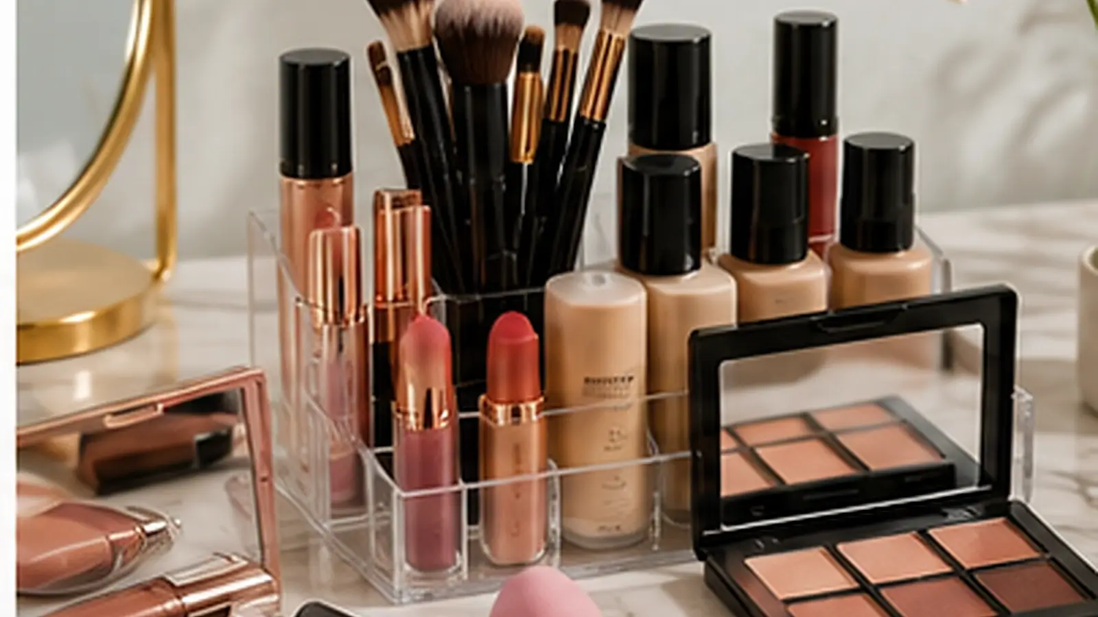 Realistic makeup and cosmetics hero image showing lipstick, foundation, brushes, blush, and an eyeshadow palette arranged on an elegant dressing table.