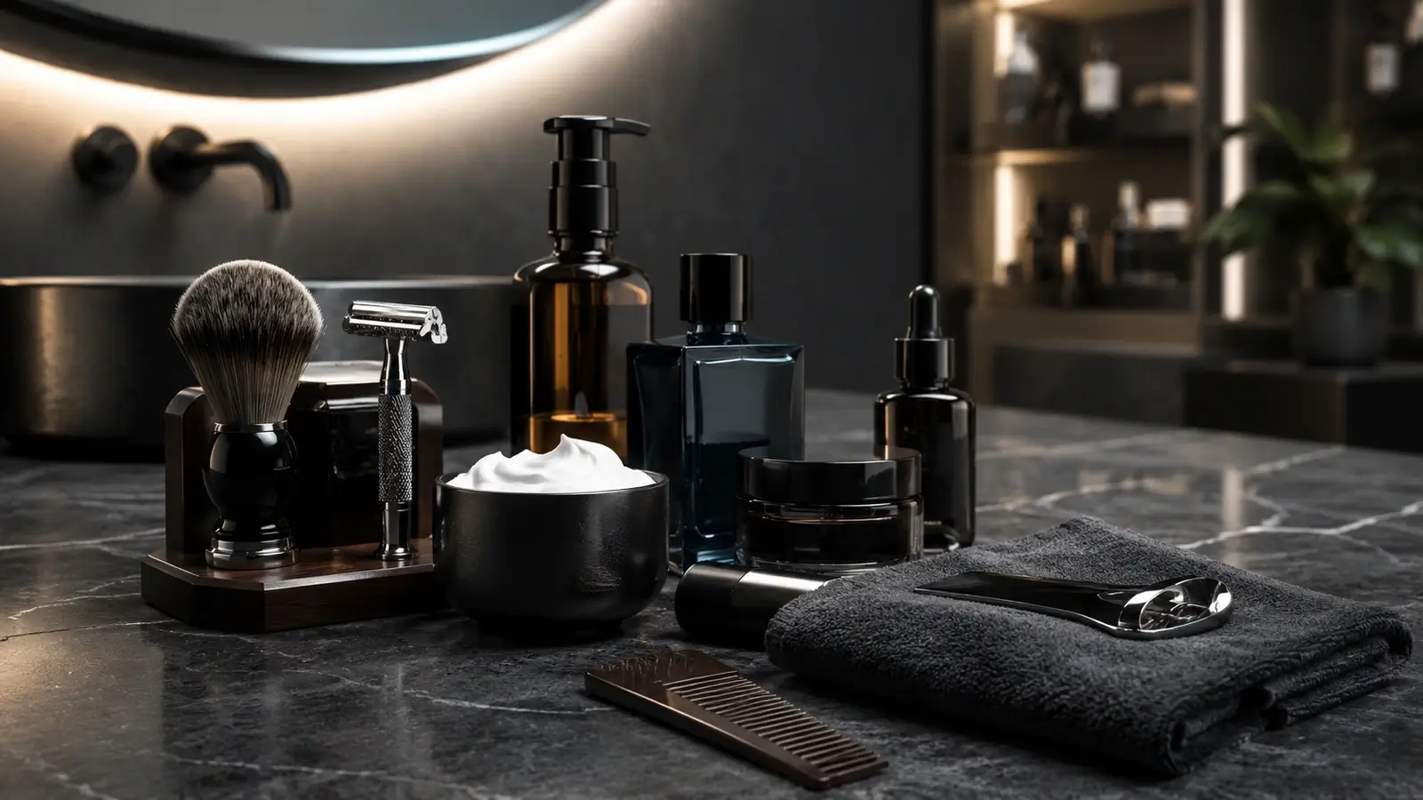 Premium men's grooming essentials including shaving brush, razor, skincare bottles, cream jar, towel, and comb arranged on a dark marble bathroom counter.