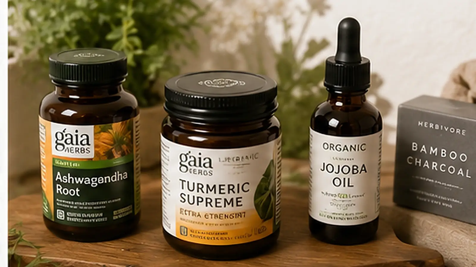 Realistic organic and natural wellness hero image showing herbal supplements, turmeric, ashwagandha, botanical oil, and plant-based wellness products.
