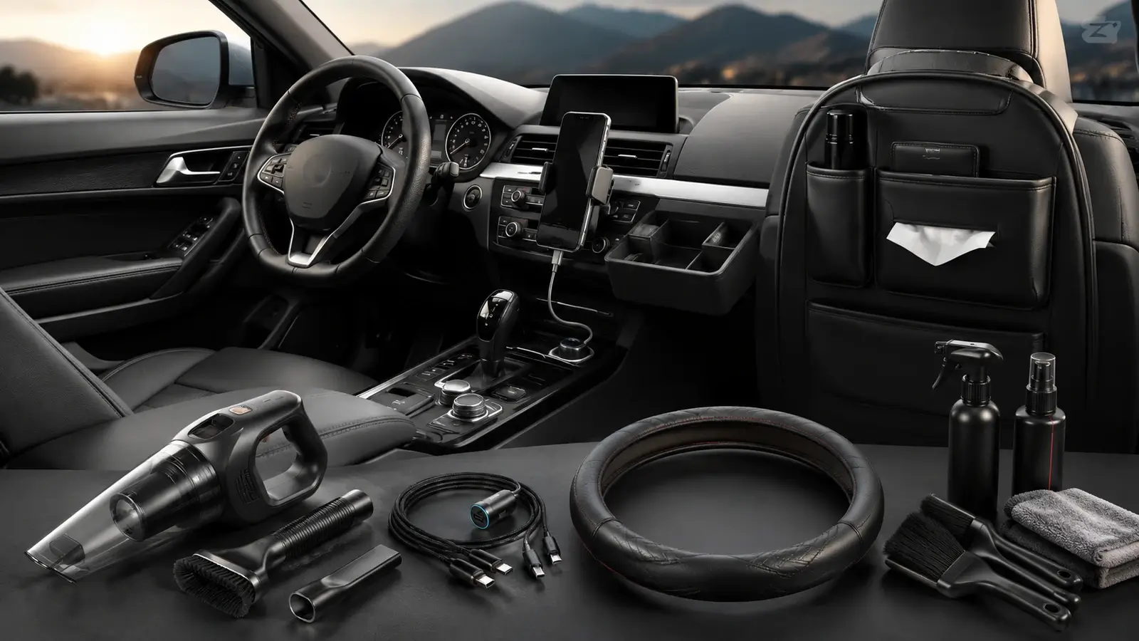 Premium automotive accessories showcased inside a modern luxury car interior with clean, polished details.