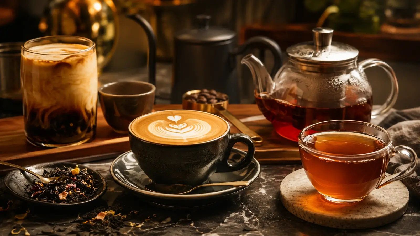 A cozy still life of coffee, tea, and beverage essentials arranged in soft natural light for a premium category hero image.