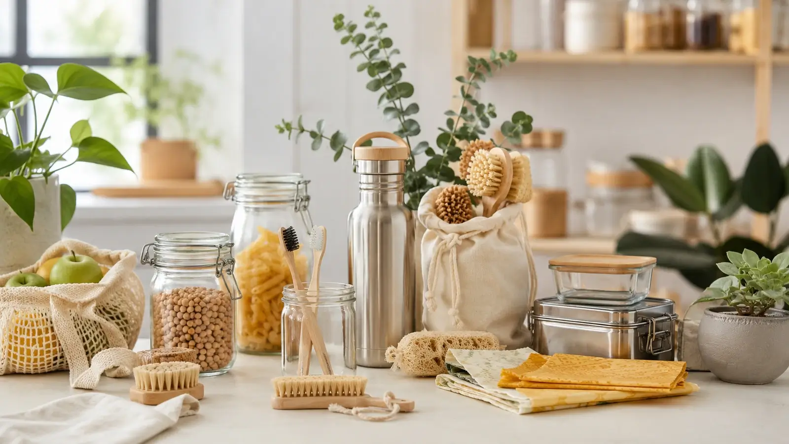 Eco-friendly and zero-waste essentials styled in a natural kitchen setting with warm textures and sustainable materials.