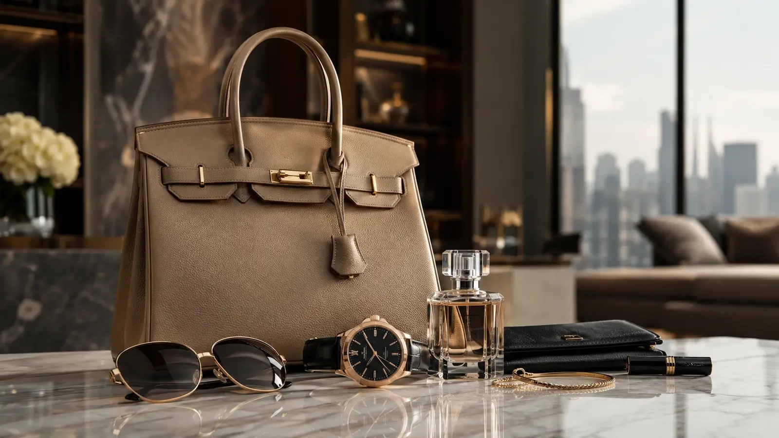 Premium luxury accessories arranged on a marble table in a refined lifestyle setting, styled as a high-end hero image.