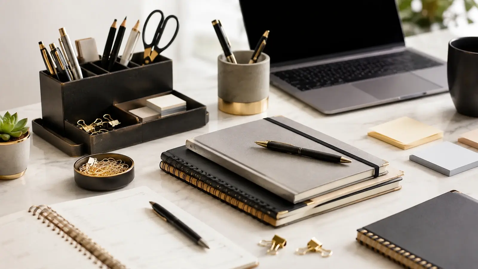 A clean minimalist desk workspace with elegant office supplies and stationery in a professional setting.