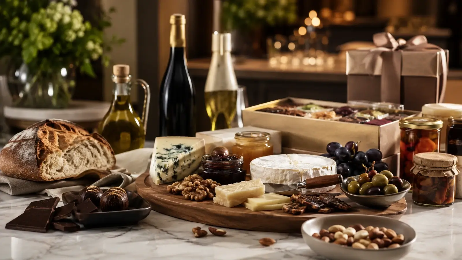 Specialty gourmet foods and festive treats beautifully arranged as an upscale culinary hero image.