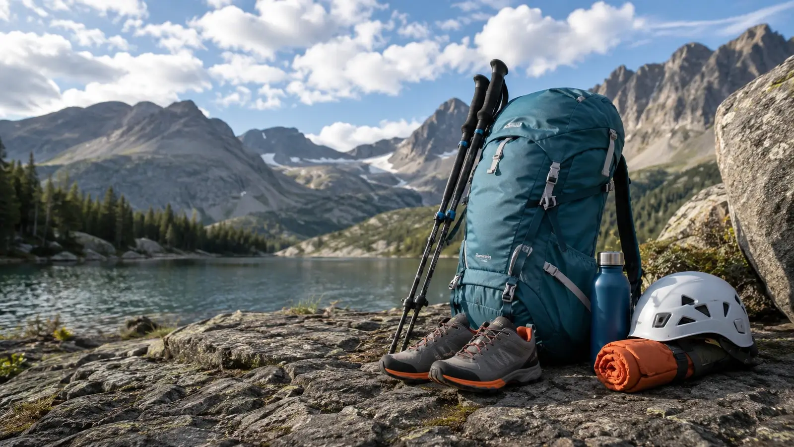 Outdoor sports and hiking gear placed beside a serene mountain lake, presented as a clean lifestyle hero image.