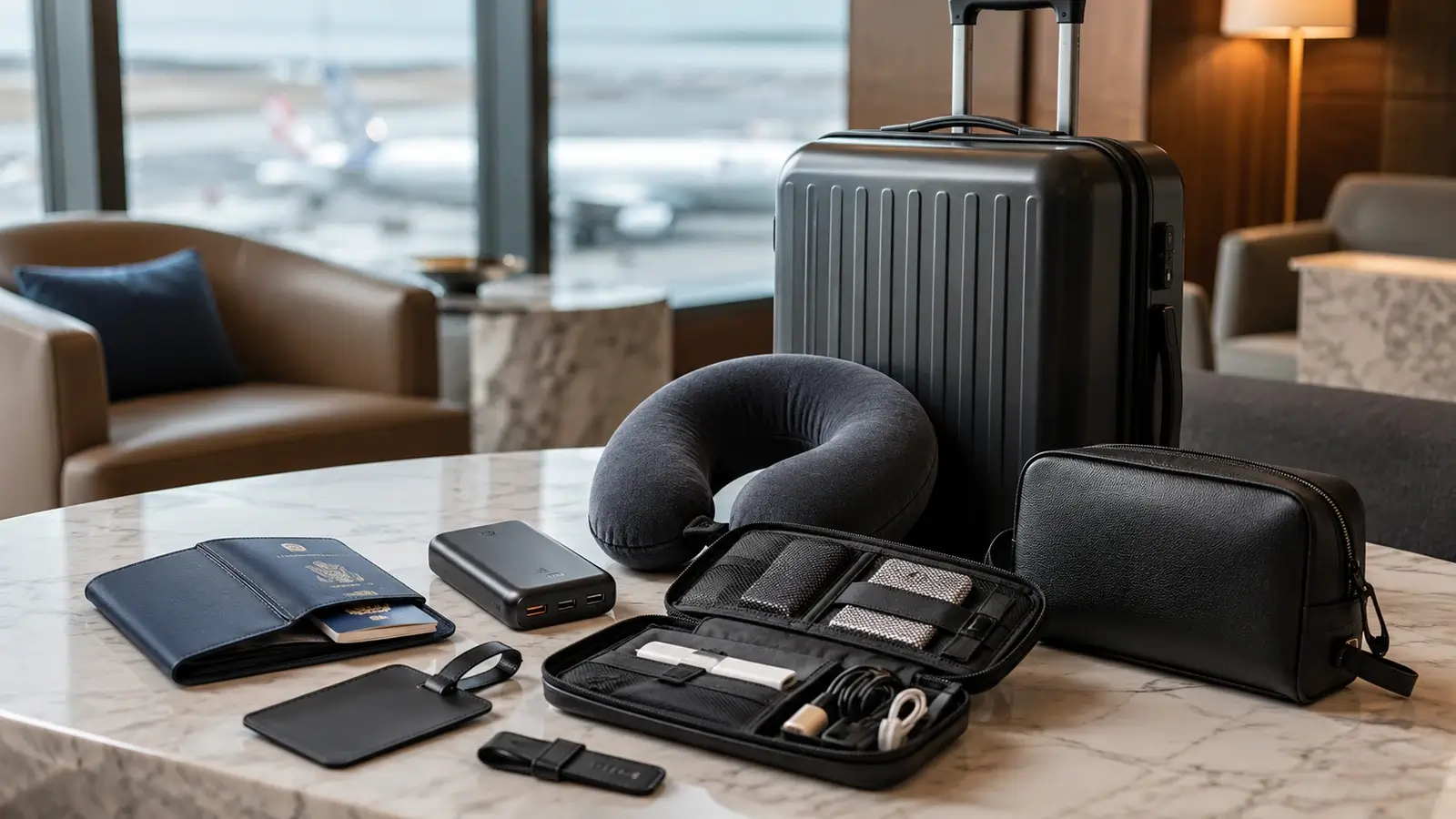 Modern travel accessories displayed in an upscale lounge setting, featuring sleek luggage and a premium travel bag.