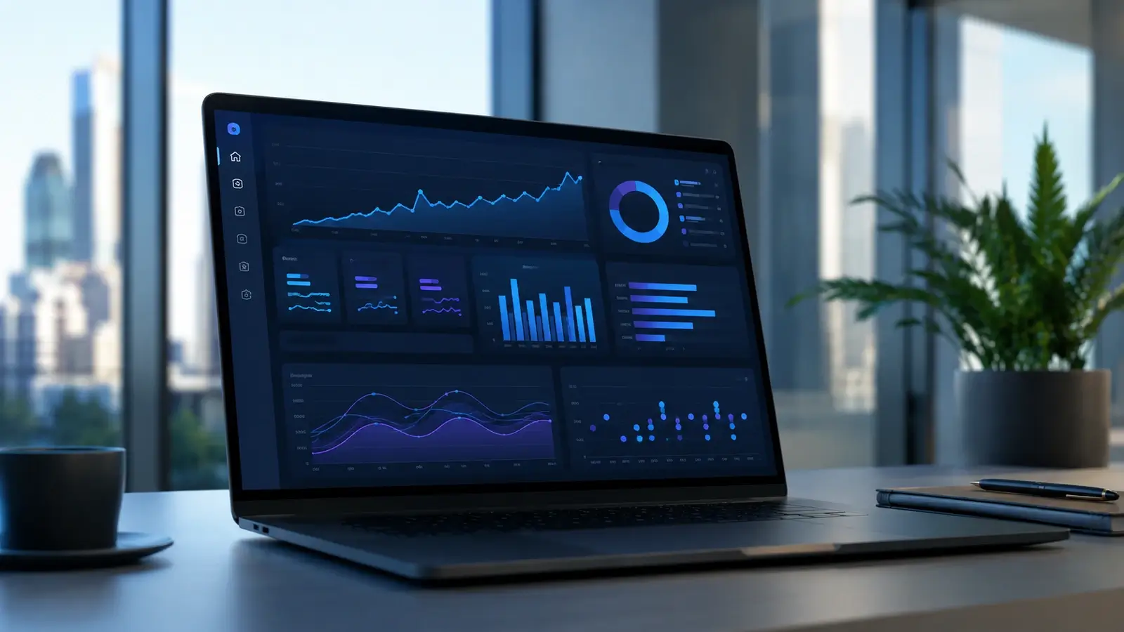 Premium e-commerce analytics SaaS dashboard displaying sales trends, revenue metrics, conversion charts, and business performance data on a laptop in a modern office.