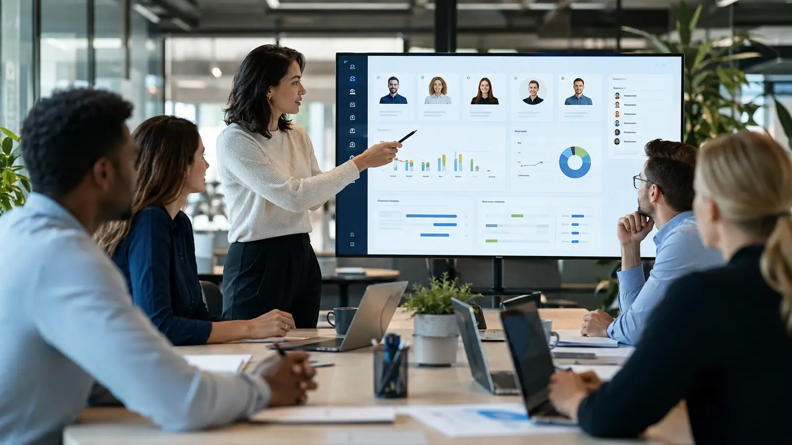 HR manager presenting a team management SaaS dashboard with employee profiles, workforce analytics, and performance insights during a business meeting.