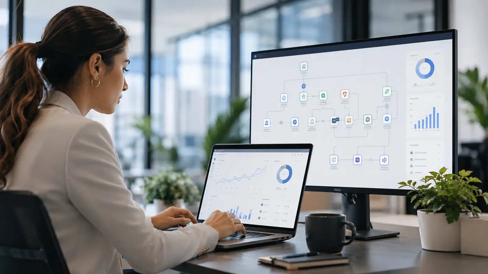 Marketing professional managing an automated campaign workflow and performance analytics across laptop and desktop screens in a modern office.