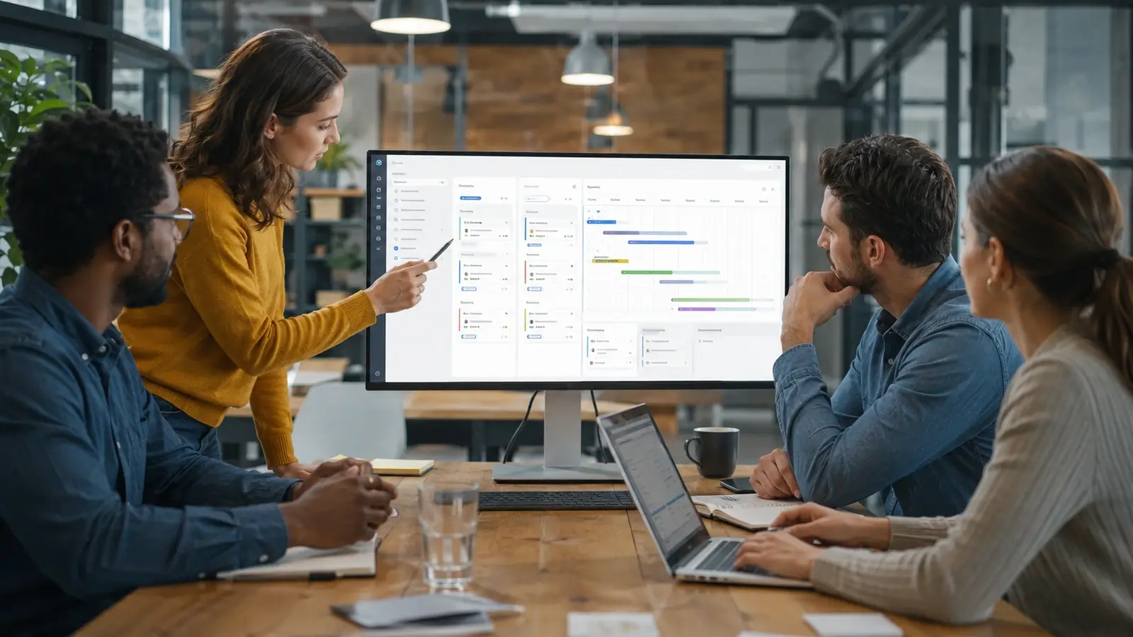 Professional team reviewing a project management SaaS dashboard with task boards, timelines, and workflow planning on a large office screen.