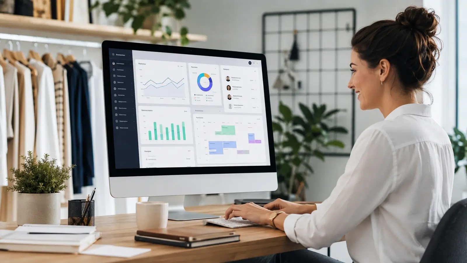 Small business owner using an all-in-one SaaS dashboard for sales, scheduling, customers, and daily operations in a bright modern workspace.