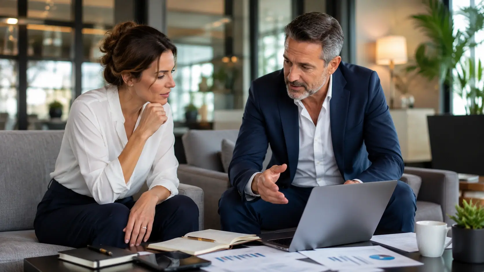 Business coach and client in a modern lounge reviewing strategy on a laptop with documents and a professional consulting atmosphere.