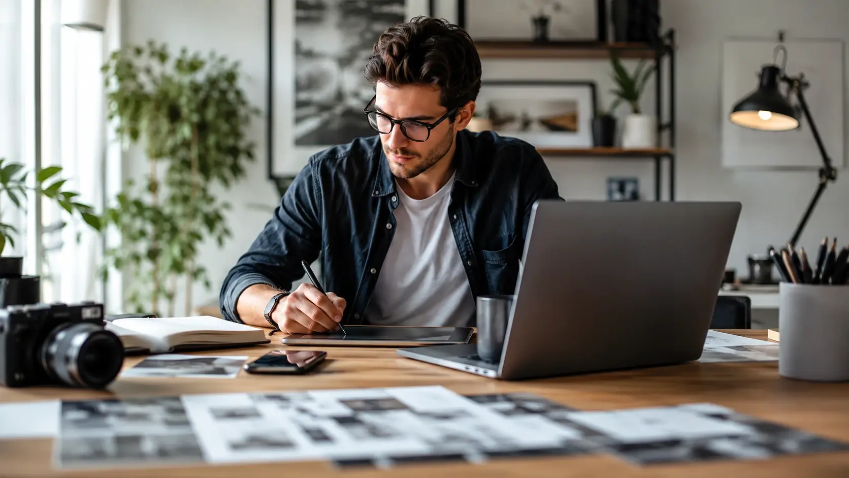 Focused freelancer working at a creative desk with laptop, tablet, and modern studio setup in natural light.