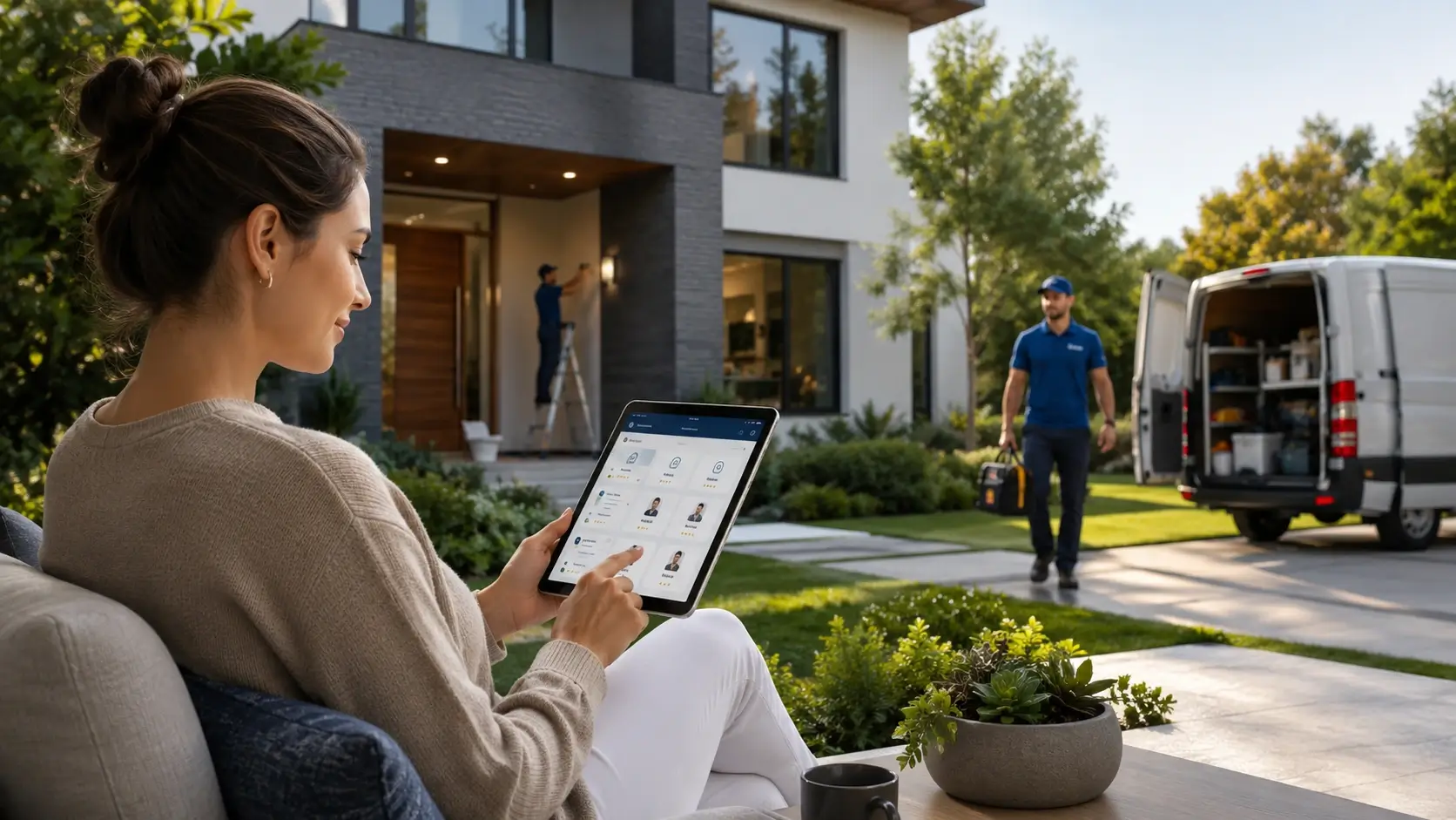 Homeowner using a tablet to book or manage home services while technicians and a service van work outside a modern home.