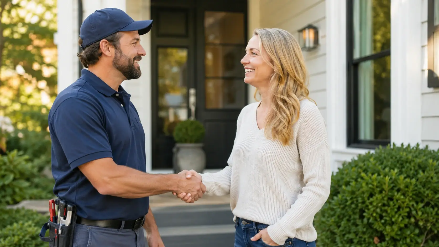 Friendly local service professional shaking hands with a homeowner on a sunny porch outside a modern house.
