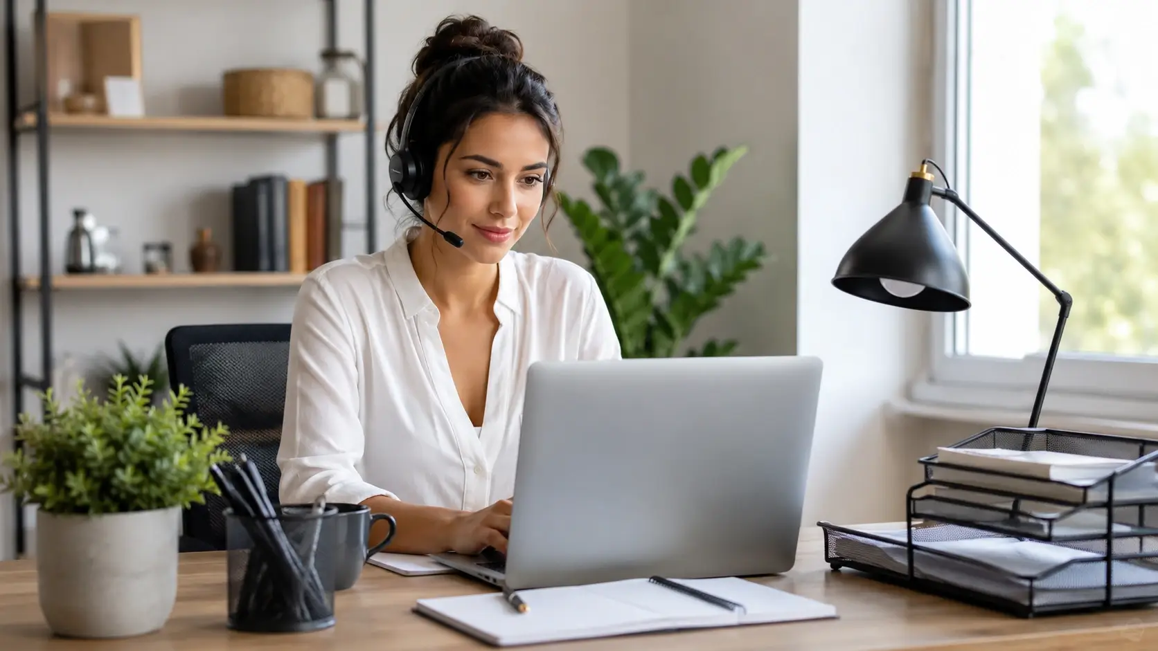 Professional virtual assistant working from a bright modern home office with laptop, headset, and clean organized workspace.