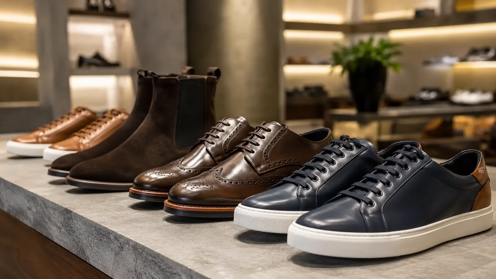 Premium selection of sneakers, leather dress shoes, and boots displayed on a counter inside a stylish footwear boutique.